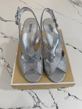 Michael Kors Silver Glitter Peep-Toe Slingback Heels